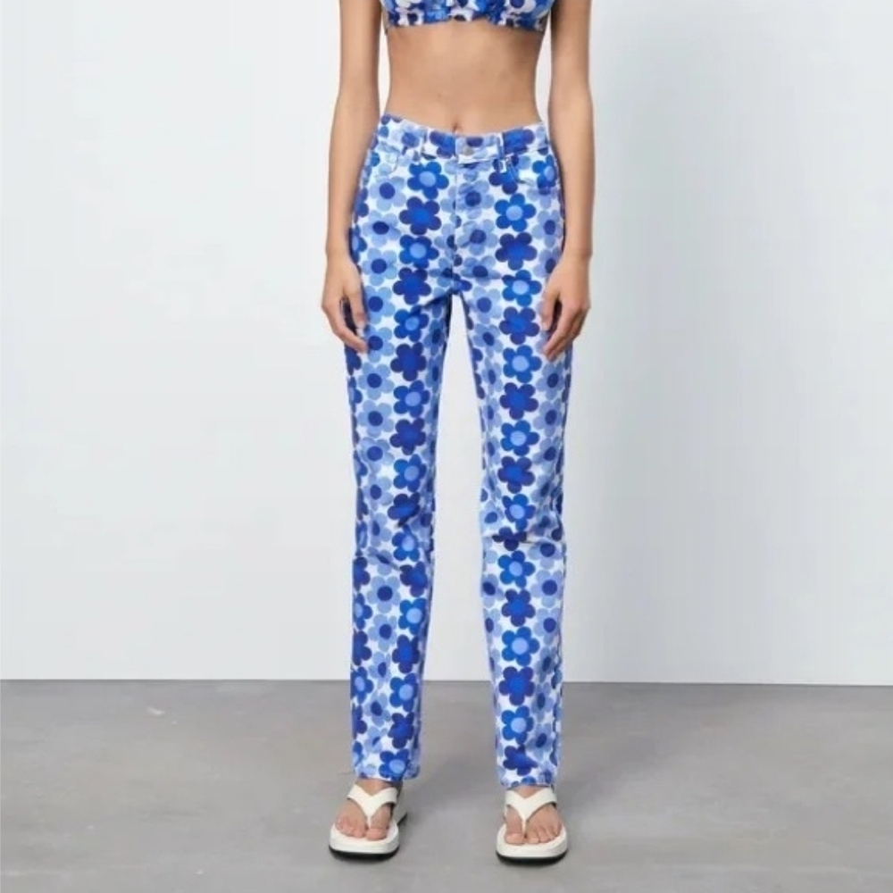 Zara Blue Floral High Rise Straight Leg Pants Size
